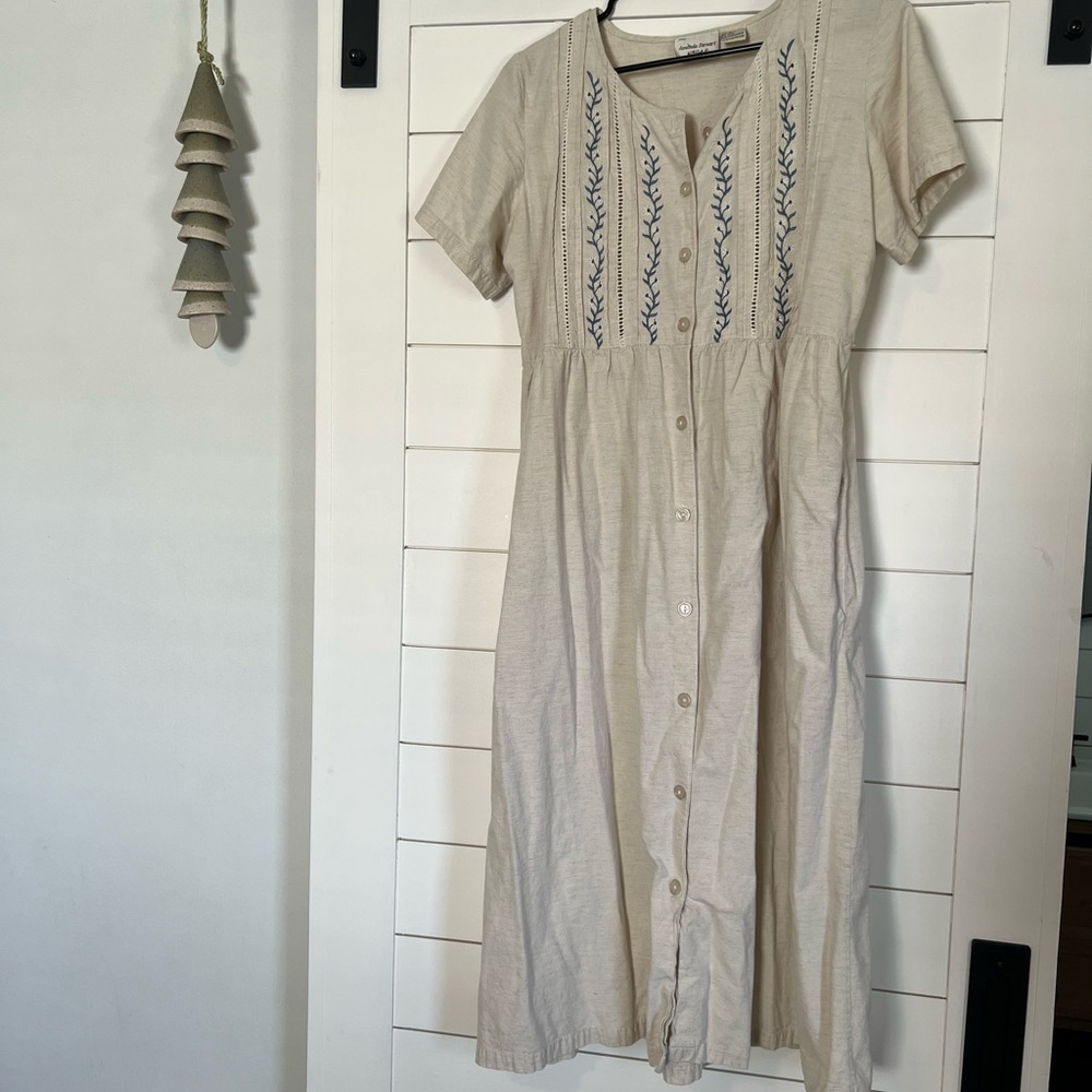 Embroidered Cream Button-Front Midi Dress